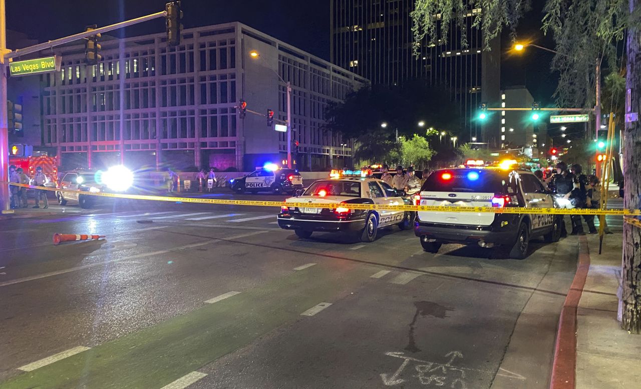 Police block off Las Vegas Boulevard South after a shooting that took place during a protest in downtown Las Vegas on June 1.