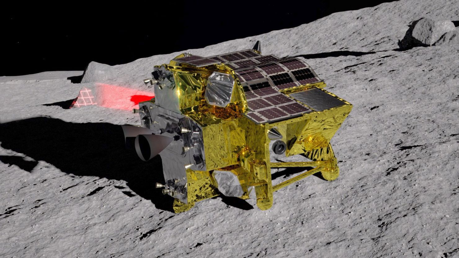 An artist's illustration shows Japan's SLIM lander, aka "Moon Sniper," after alighting on the lunar surface on Friday.