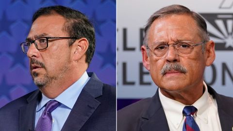 Democrat Adrian Fontes, left, and Republican Mark Finchem are running for Arizona secretary of state.
