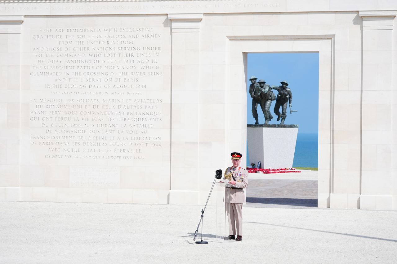 King Charles III speaking during the UK national commemorative event for the 80th anniversary of D-Day, held at the British Normandy Memorial in Ver-sur-Mer, Normandy, France, on June 6.