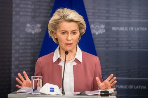 President of EU Commission Ursula von der Leyen attends a joint press conference after a meeting in Riga, Latvia, on November 28.