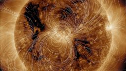 NASA's Solar Dynamics Observatory (SDO) scientists used their computer models to generate a view of the Sun's magnetic field on August 10, 2018. The bright active region right at the central area of the Sun clearly shows a concentration of field lines, as well as the small active region at the Sun's right edge.