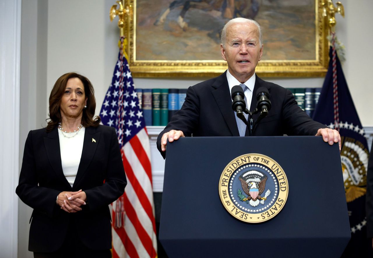 Vice President Kamala Harris stands with President Joe Biden as he delivers remarks at the White House in Washington, DC, on July 14. 