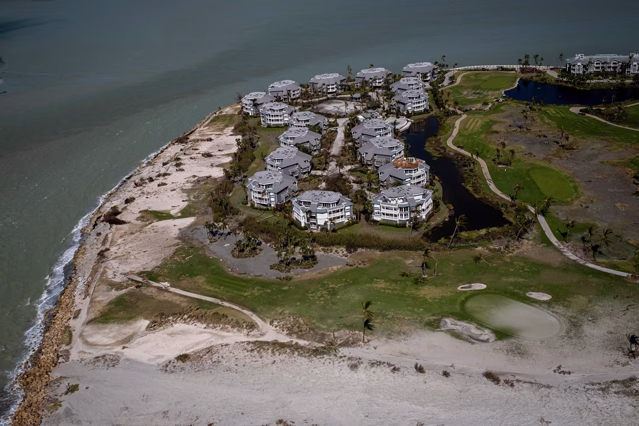 An aerial picture taken on September 30, shows damaged buildings in the aftermath of Hurricane Ian in Sanibel, Florida.