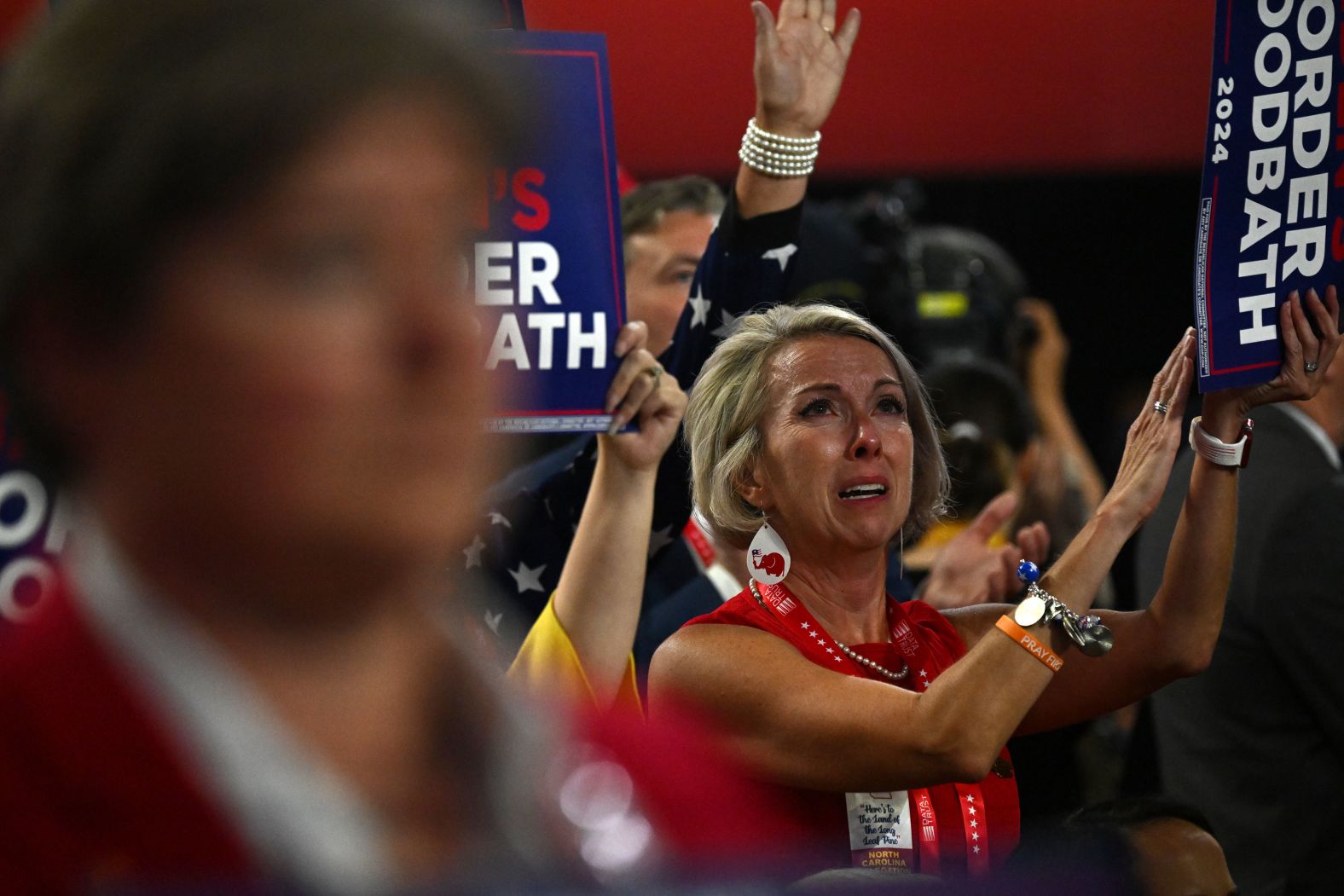 A delegate tears up during the convention on Tuesday.