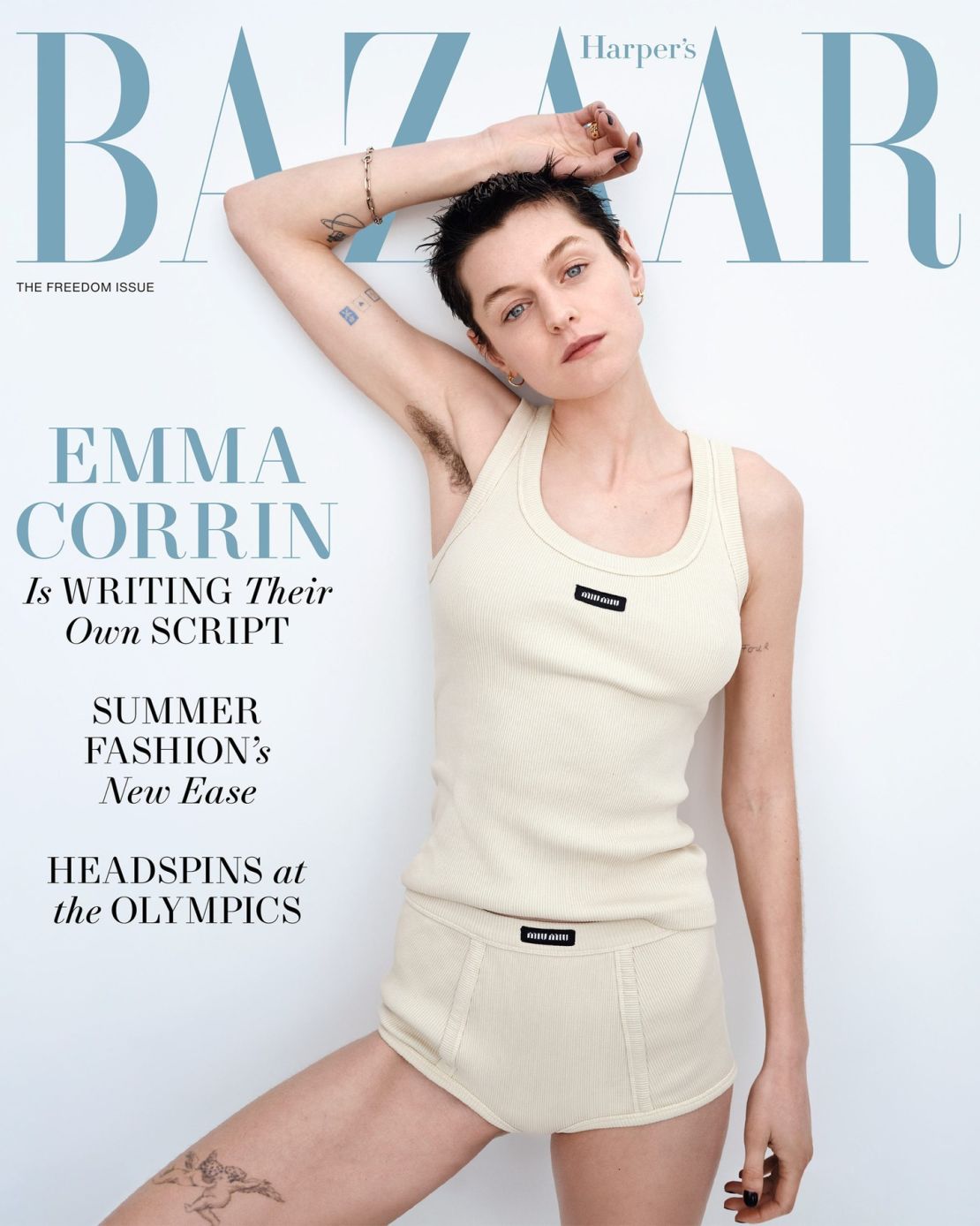 The Harper's Bazaar June/July Freedom Issue featuring Emma Corrin.