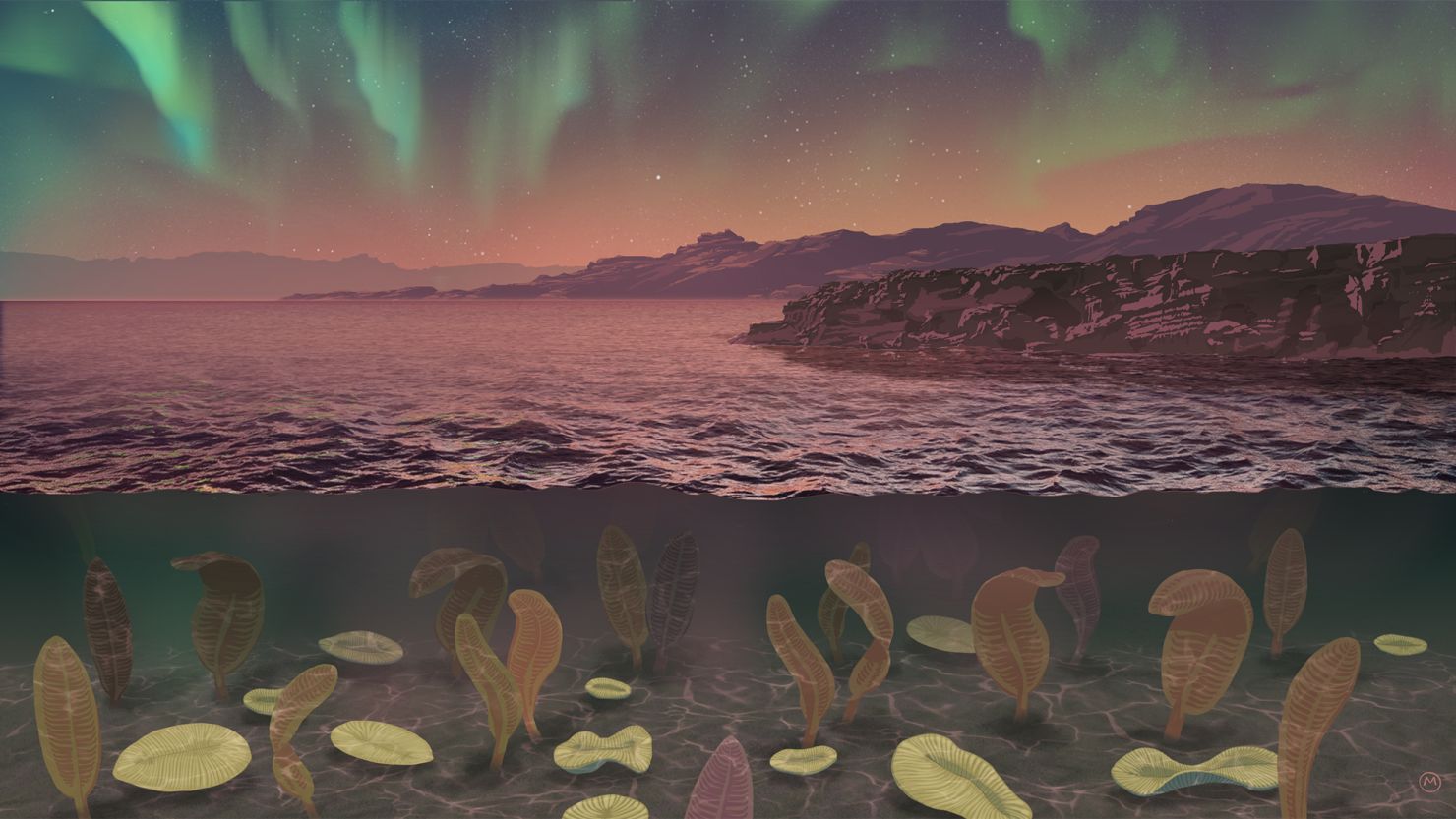 A impressão de um artista retrata a aparência da Terra durante o Período Ediacarano, quando a vida complexa começou a florescer.