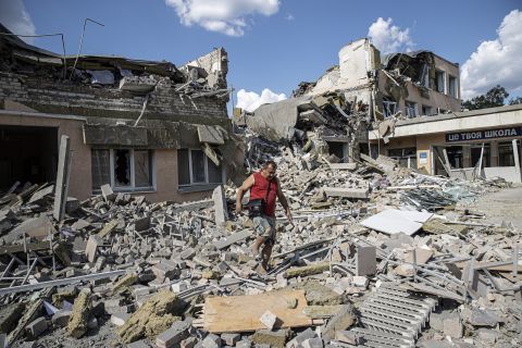 Damage after a Russian airstrike hits a school in Bakhmut, Donetsk Oblast, Ukraine, on July 23, 2022.