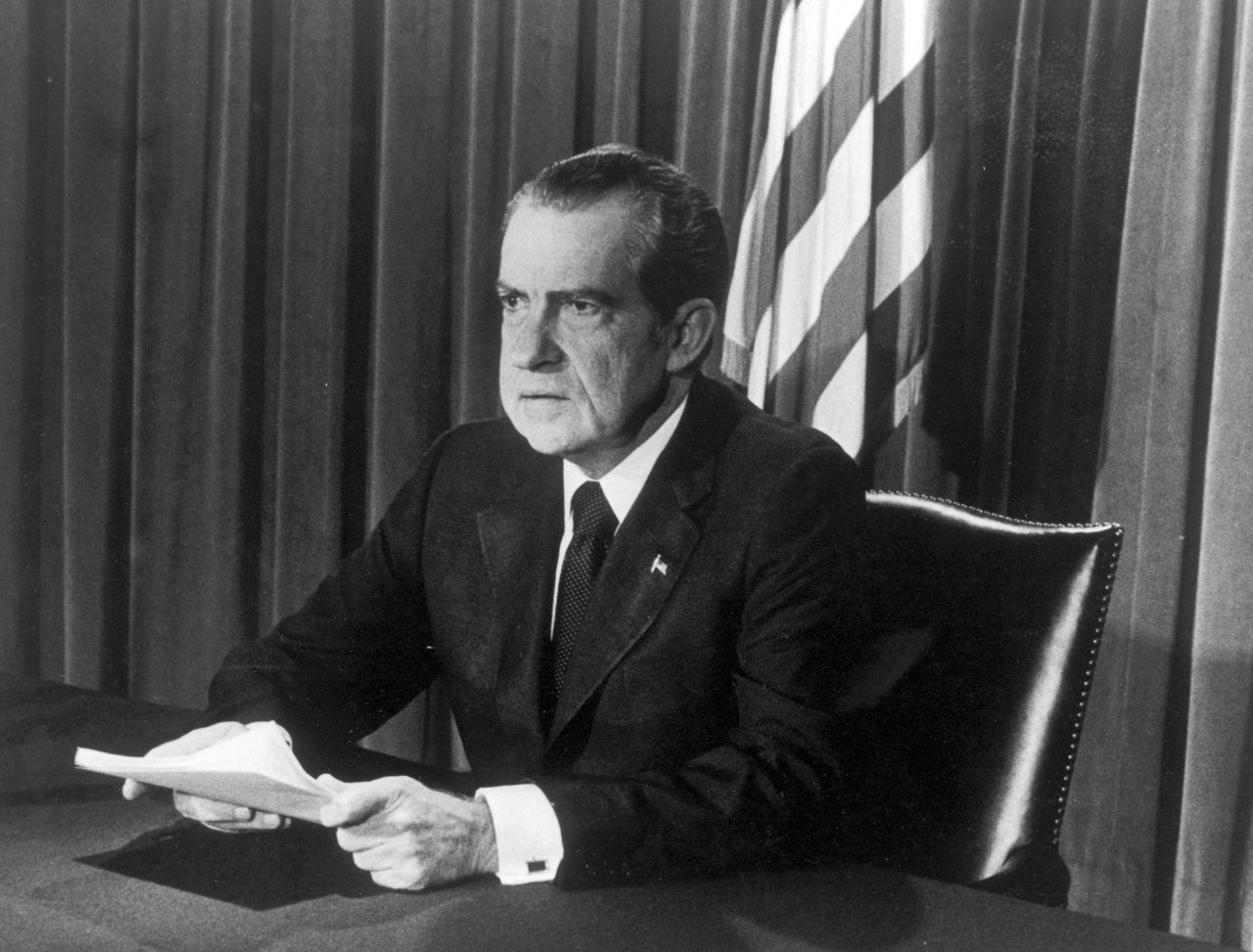 President Richard Nixon announces his resignation on television in Washington, DC.