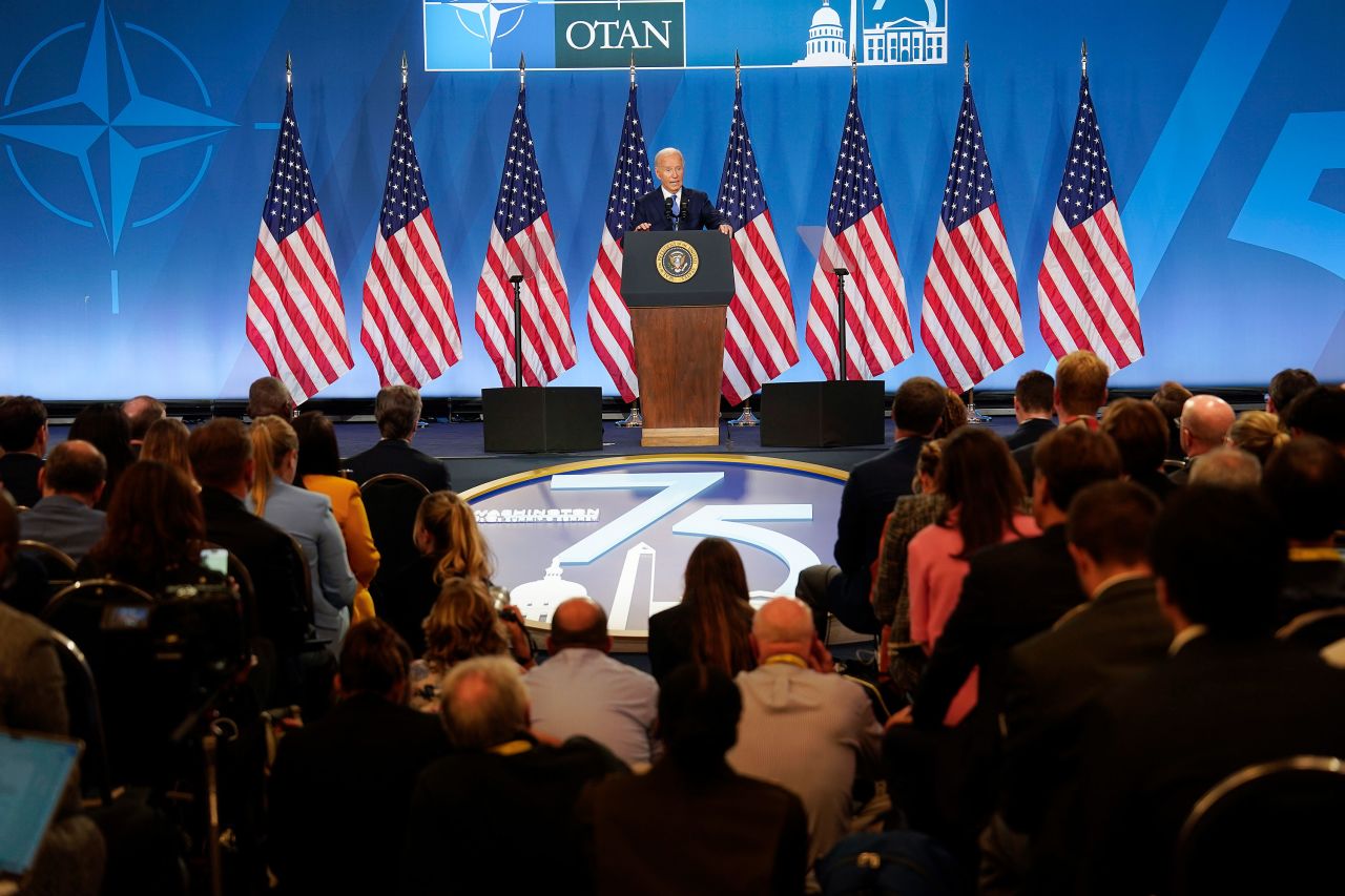 President Joe Biden holds a press conference at the NATO summitt in Washington, DC, on July 11. 