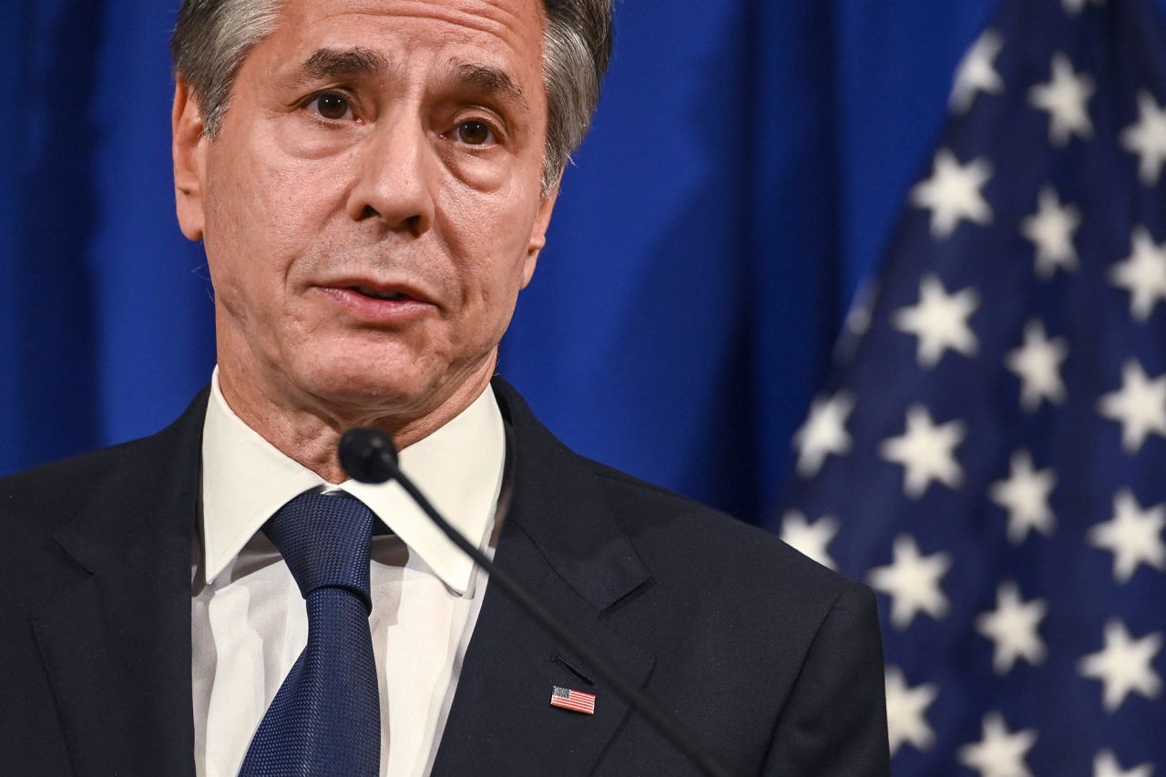 US Secretary of State Antony Blinken attends a press conference at the Okura Hotel in Tokyo, Japan, on November 8.