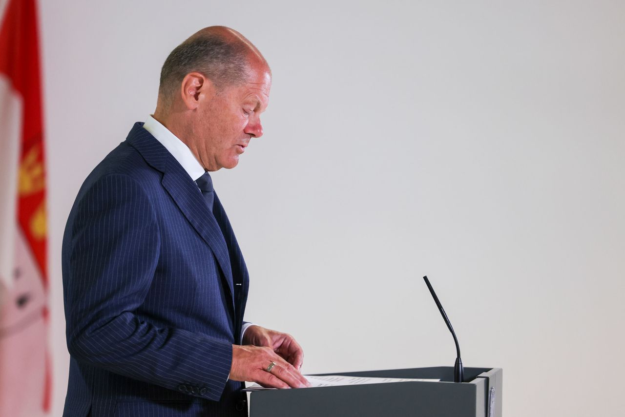 German Chancellor Olaf Scholz speaks during a press conference about Thursday’s prisoner exchange in Cologne, Germany, on August 1.