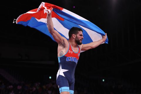 Cuba's Luis Orta Sanchez celebrates winning gold in the Greco-Roman 60-kilogram final on August 2.