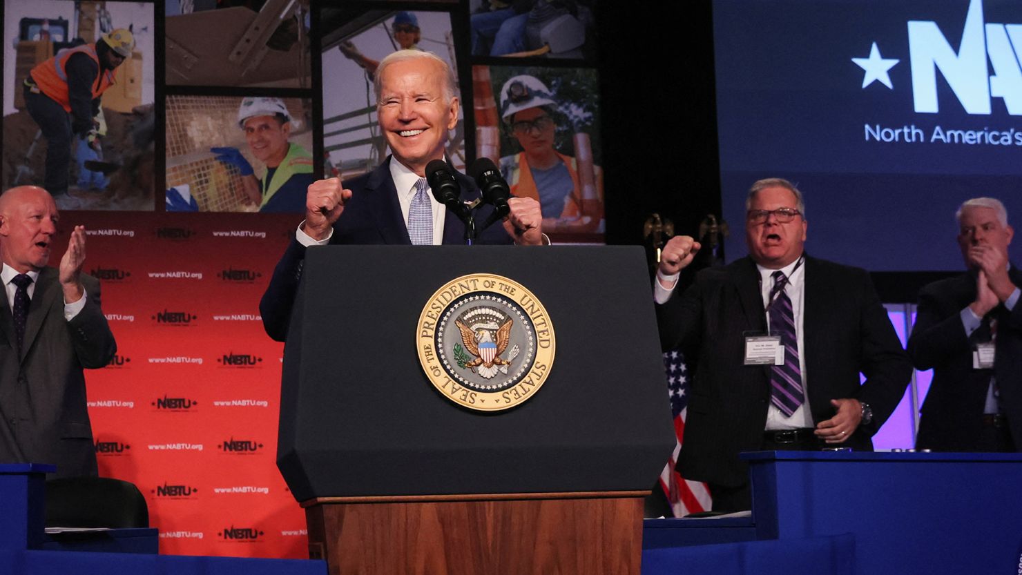 President Joe Biden, who just announced his reelection campaign for president, delivers remarks at North America's Building Trades Unions Legislative Conference at the Washington Hilton in Washington, DC, on Tuesday.