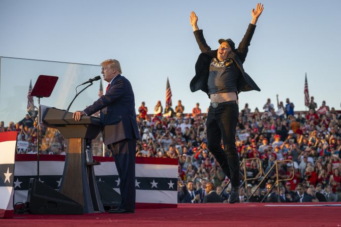 Musk jumps on stage as he joins Trump during a <a href="https://www.cnn.com/2024/10/05/politics/trump-returns-to-butler/index.html">campaign rally</a> in Butler, Pennsylvania, in October 2024. <a href="https://www.cnn.com/2024/11/06/business/elon-musk-election-bet/index.html">No single business leader did more to support Trump’s candidacy than Musk</a>.