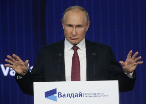 Russian President Vladimir Putin speaks during the annual meeting with participants of the Valdai International Discussion Club, on October 27 in Moscow. 