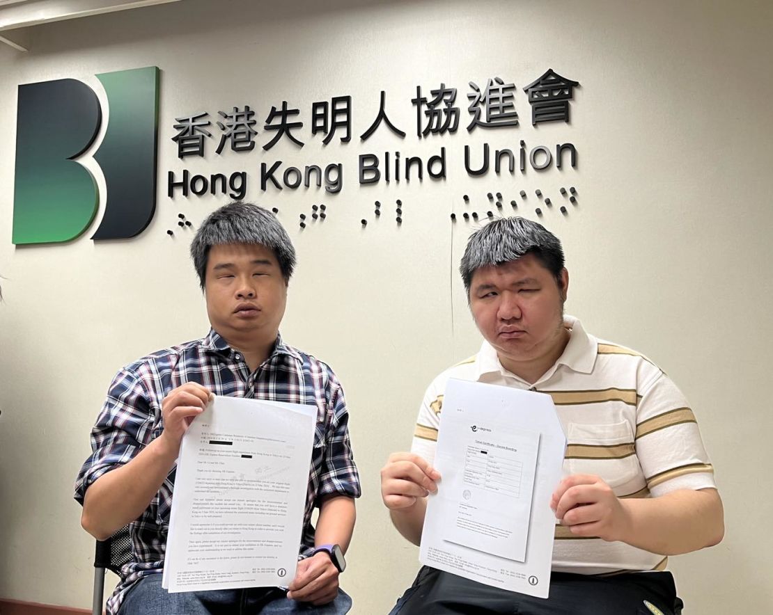 Andy Chui (left) and John Li at a press conference held by the Hong Kong Blind Union on July 7, 2024. They said were removed from an HK Express flight on May 22, 2024.