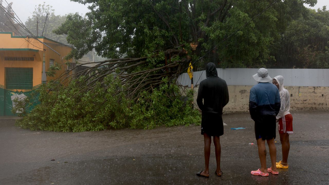 People look at a tree that snapped as wind and rain from Hurricane Beryl passed through Kingston, Jamaica on July 3.