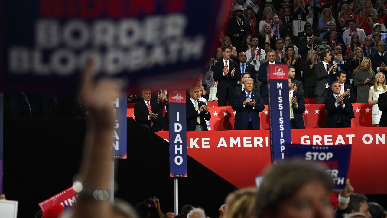 Former President Donald Trump claps at  the 2024 Republican National Convention hosted at the Fiserv Forum in Milwaukee, Wisconsin, on July 16, 2024. (Rebecca Wright/CNN)