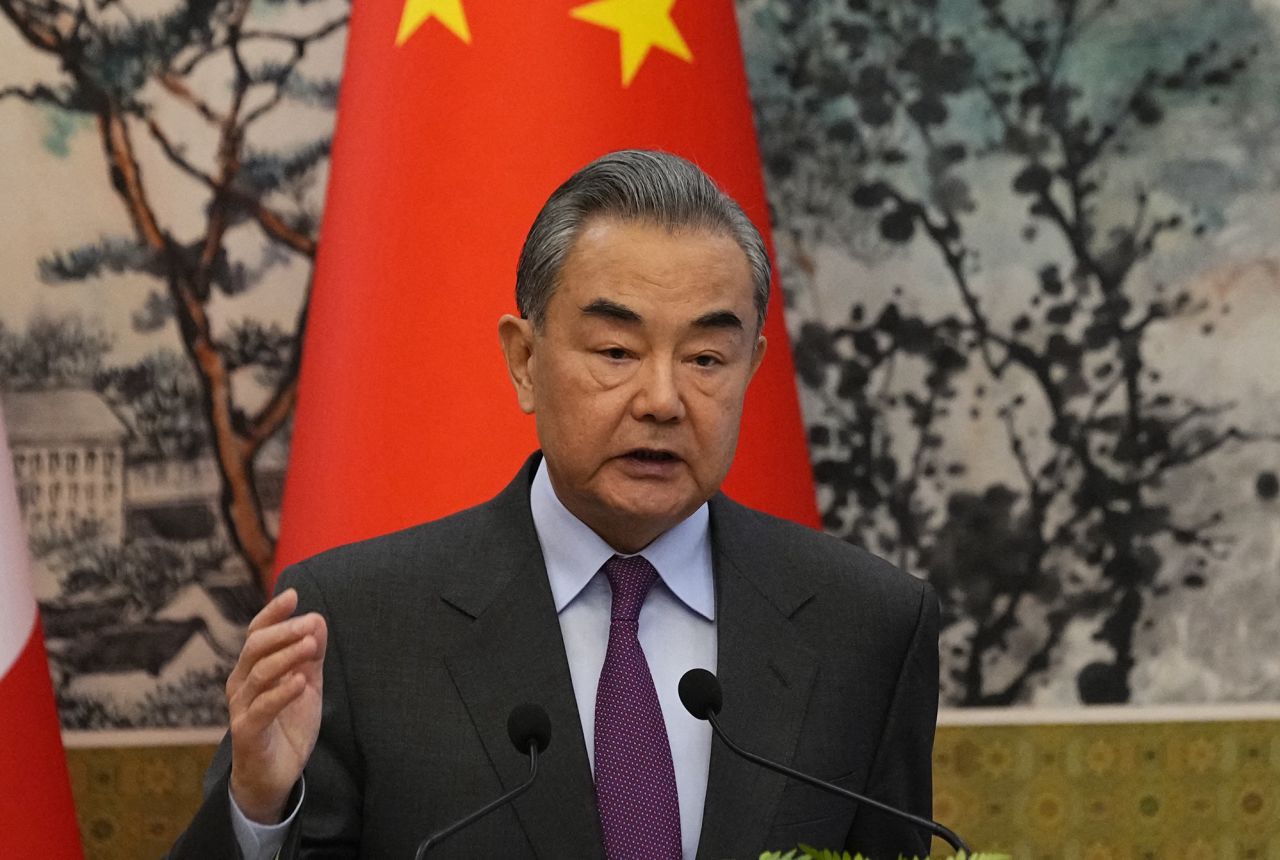 China's Foreign Minister Wang Yi speaks during a press conference at the Diaoyutai State Guesthouse in Beijing, China, on April 1.