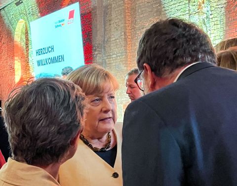 Former German Chancellor Angela Merkel is seen at the farewell to German Trade Union Confederation Chairman Reiner Hoffmann in Berlin on June 1.
