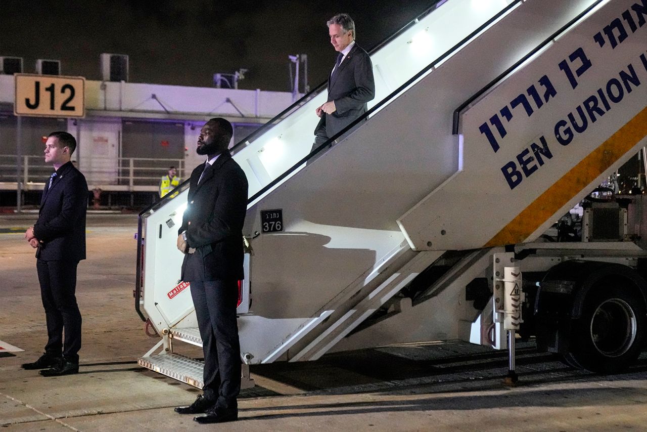 US Secretary of State Antony Blinken disembarks off his aircraft upon arrival at Ben Gurion International airport, Tel Aviv, on February 6.