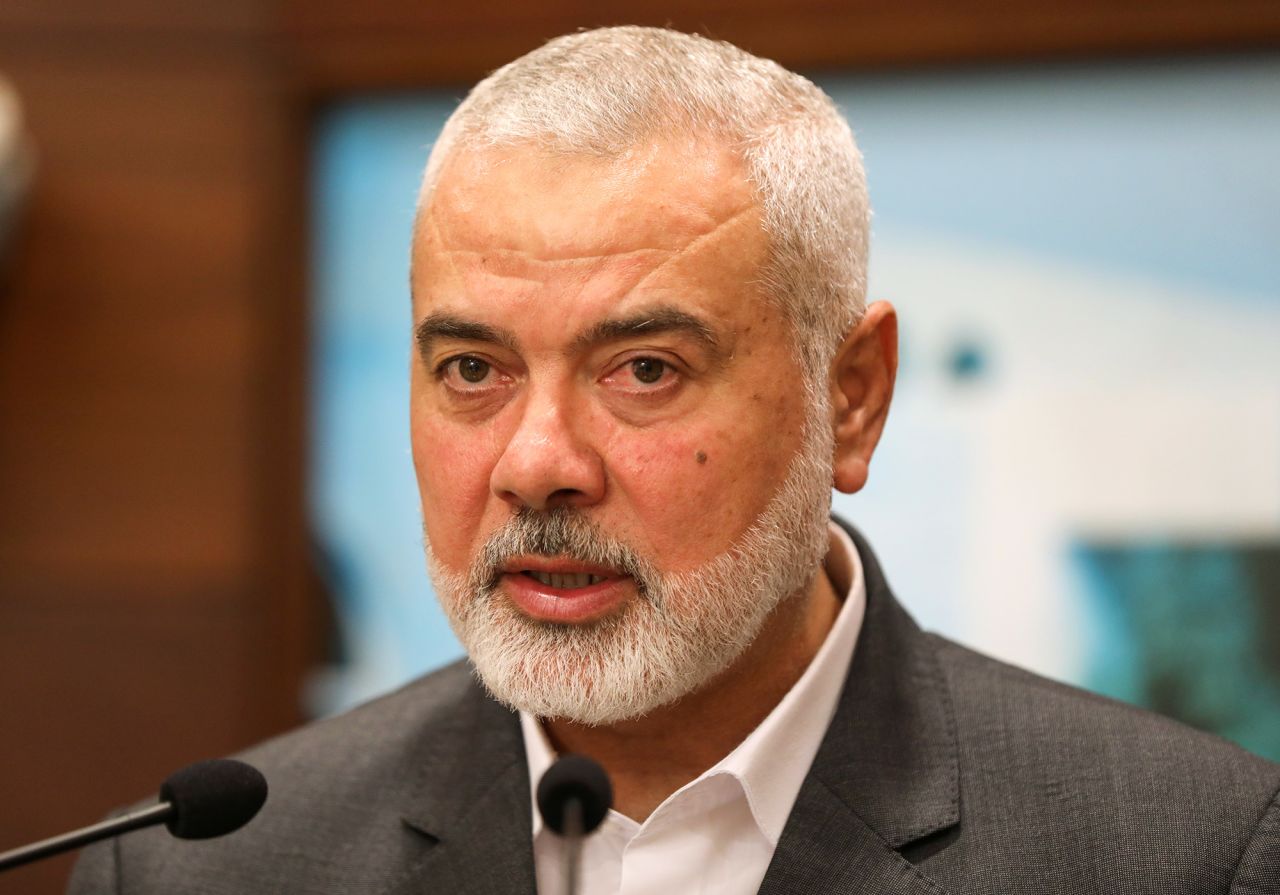 Palestinian group Hamas leader Ismail Haniyeh talks after meeting in Baabda, Lebanon, on June 28, 2021. 