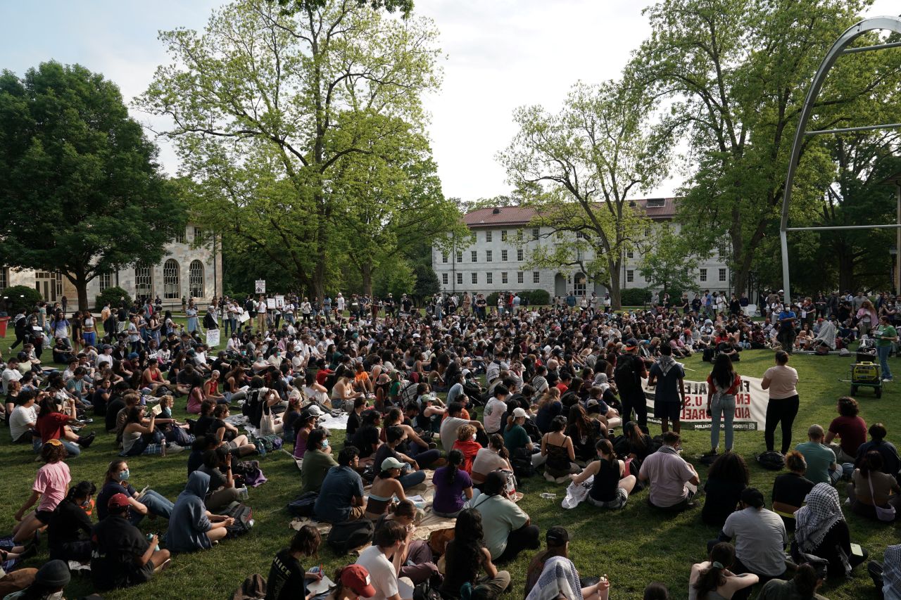 People attend a demonstration in support of Palestinians at Emory University in Atlanta on April 26.