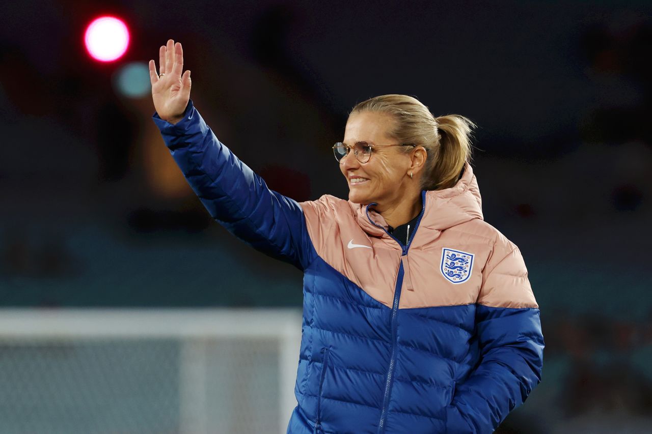 Sarina Wiegman, Head Coach of England, waves during the pitch inspection prior to the final match between Spain and England at Stadium Australia, on August 20, in Sydney, Australia.