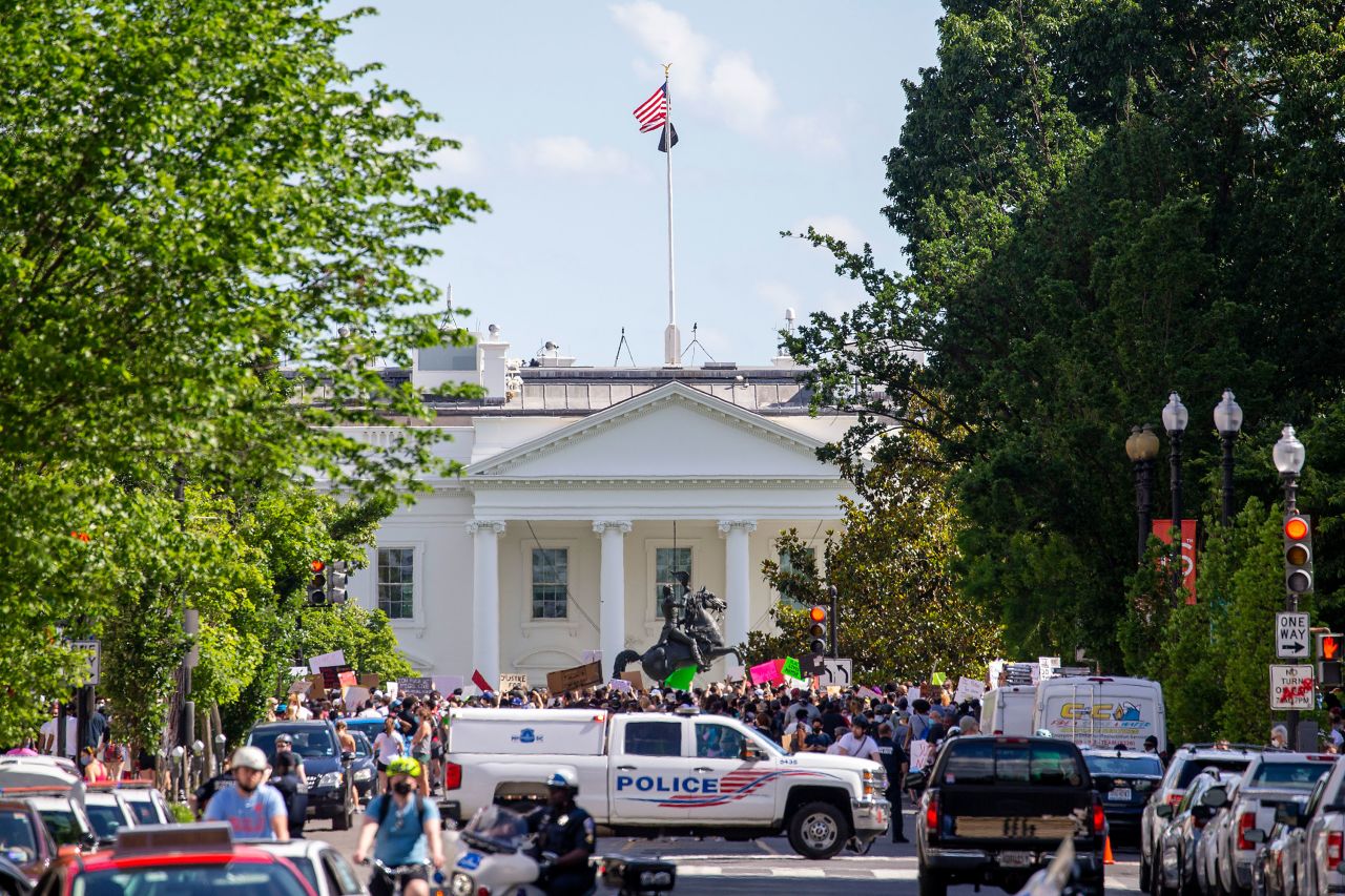 Protesters gather at Lafayette Square Park outside the White House on May 31 in Washington.