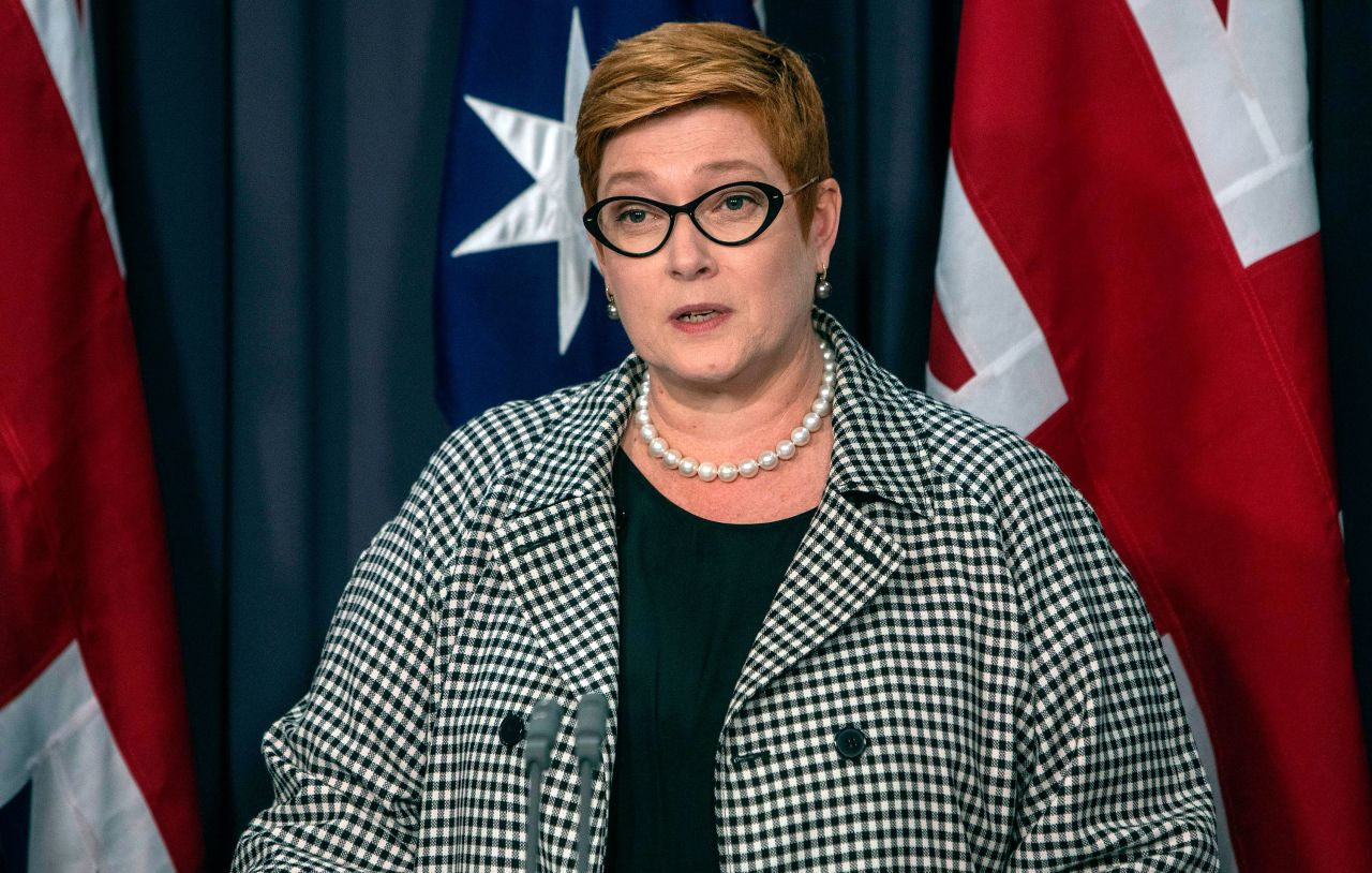 Australian Foreign Minister Marise Payne speaks at a press conference in Canberra on February 6.
