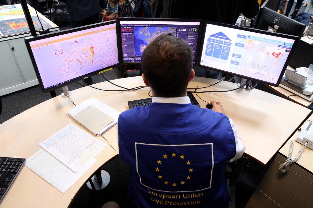 A member of the Coronavirus Response Team works at the Emergency Response Coordination Centre (ERCC), in Brussels, Belgium on March 2.