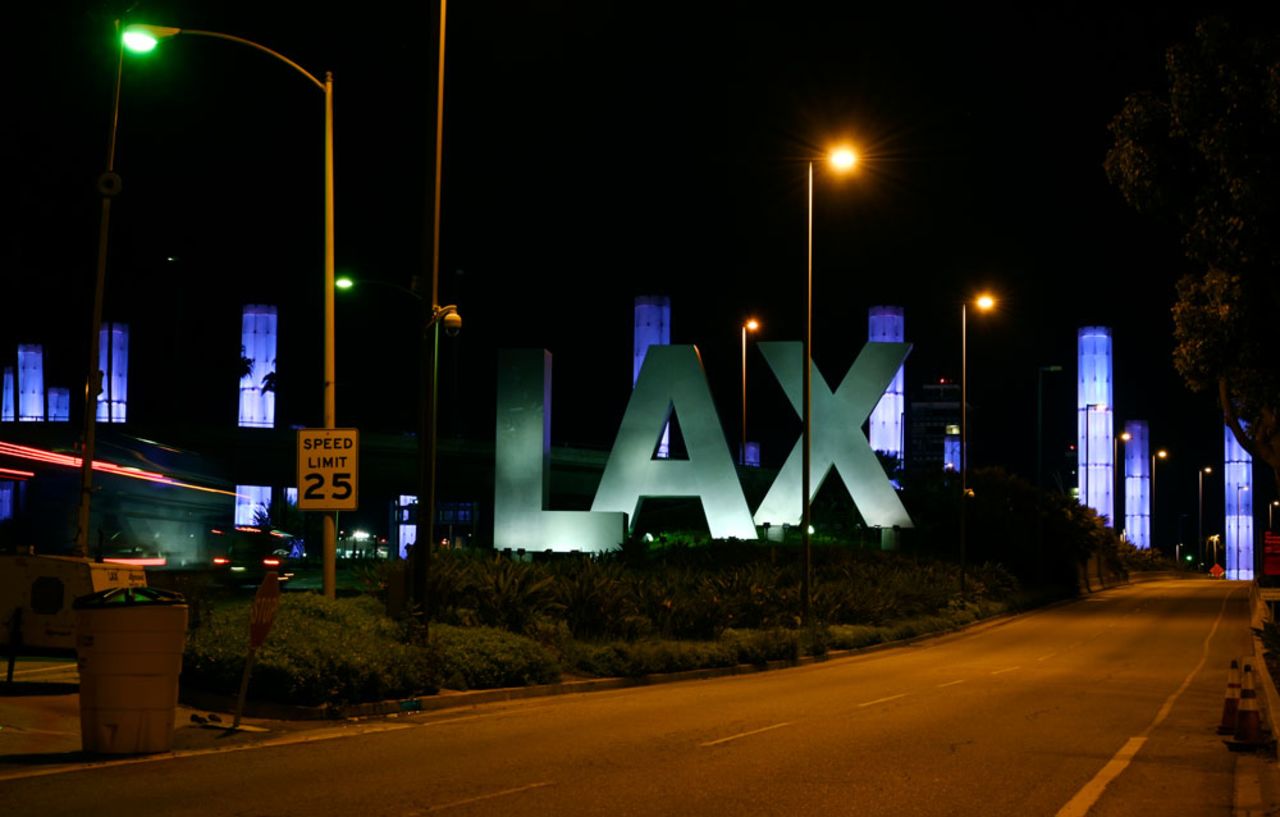 The LAX Gateway Kinetic Light Pylons are seen lit up in blue near Los Angeles International Airport, on Friday, April 10, in Los Angeles. 