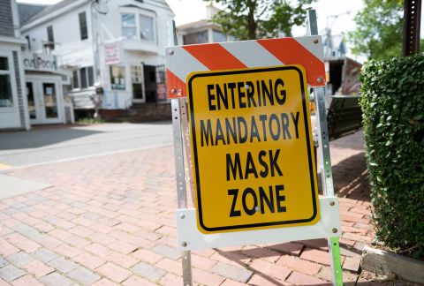 A sign Provincetown, Massachusetts, informs people of a mandatory mask zone on July 10.