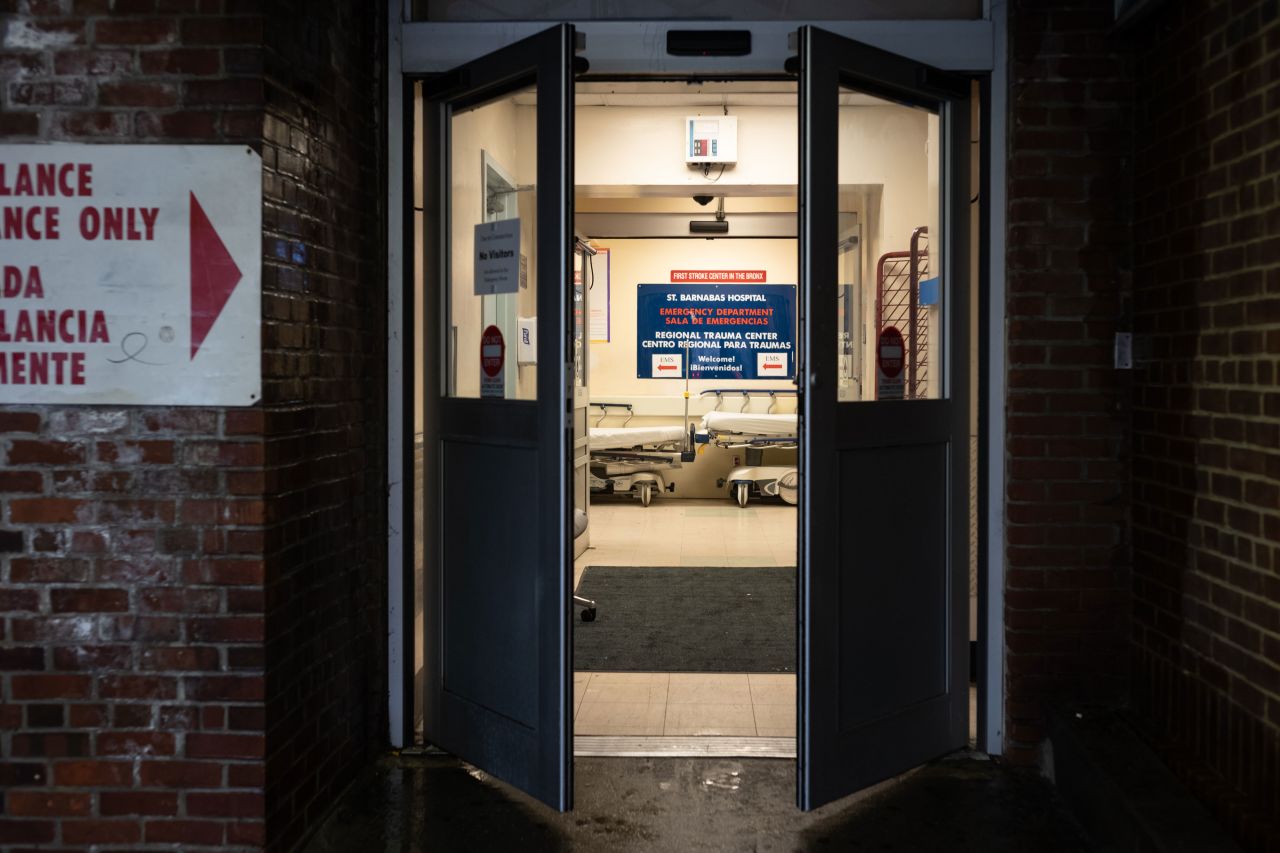 Doors open into the emergency department at St. Barnabas Hospital in New York, on March 23.