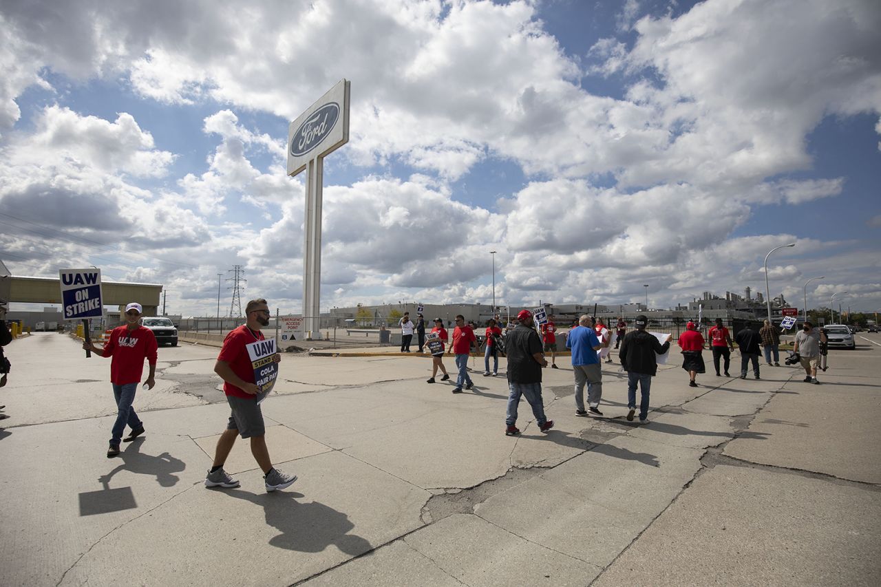 United Auto Workers members strike at the Ford Michigan Assembly Plant on September 15 in Wayne, Michigan. 