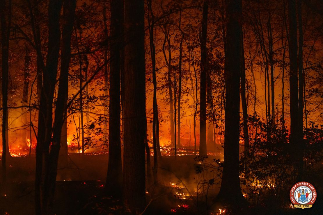 A wildfire burns in Essex County, New Jersey, on October 26, 2024.