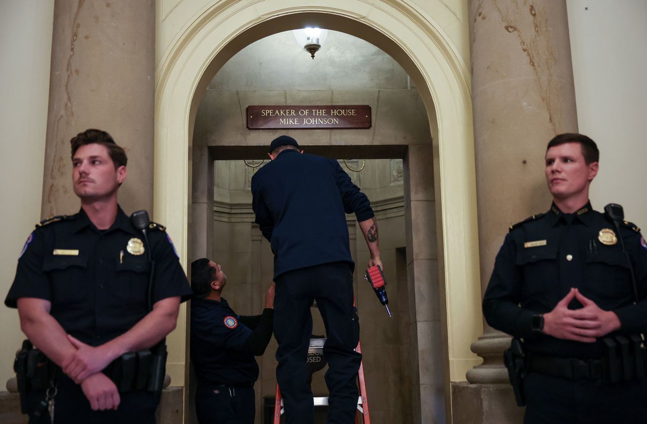 A new sign is installed over the Speakers office after Rep. Mike Johnson was elected as the new Speaker of the House at the U.S. Capitol on October 25, in Washington, DC.