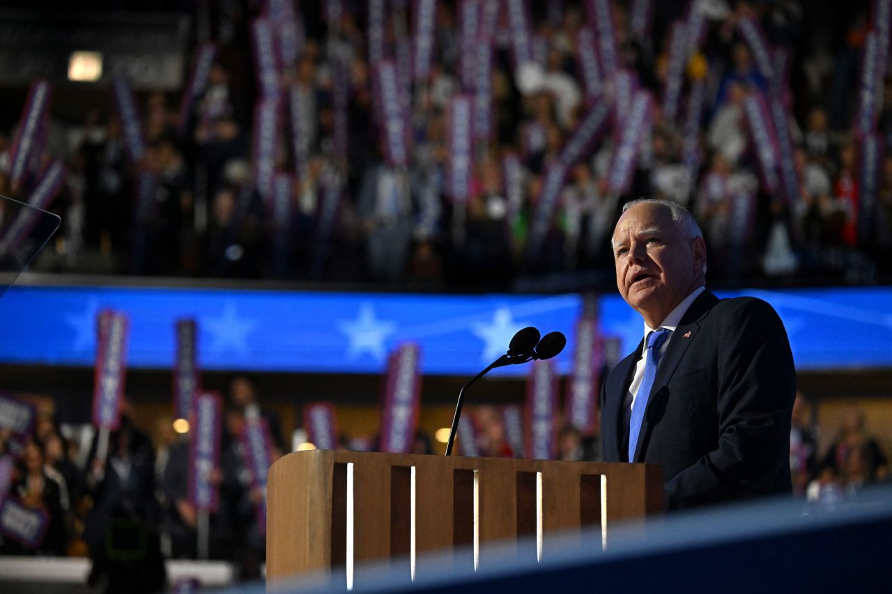 Democratic vice presidential nominee Minnesota Gov. Tim Walz speaks at the United Center during the Democratic National Convention in Chicago, Illinois, on August 21.