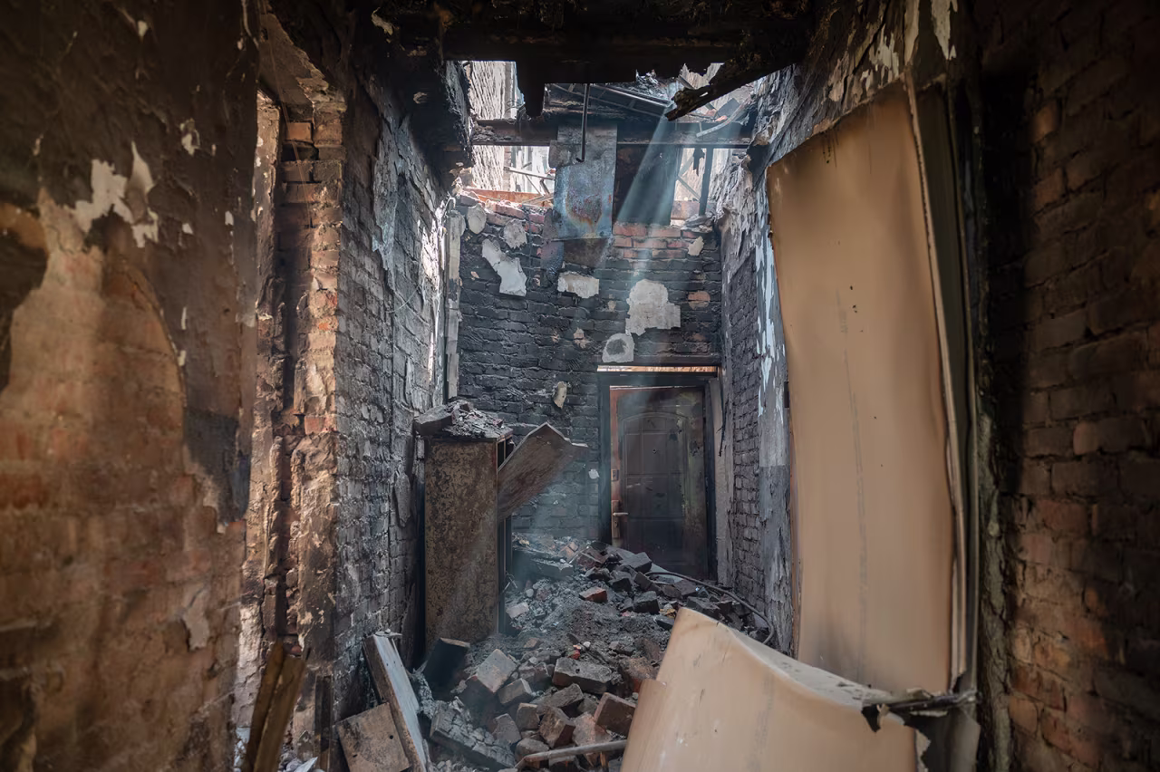 A residential building destroyed by a Russian missile explosion is seen in Kharkiv, Ukraine, on April 30.