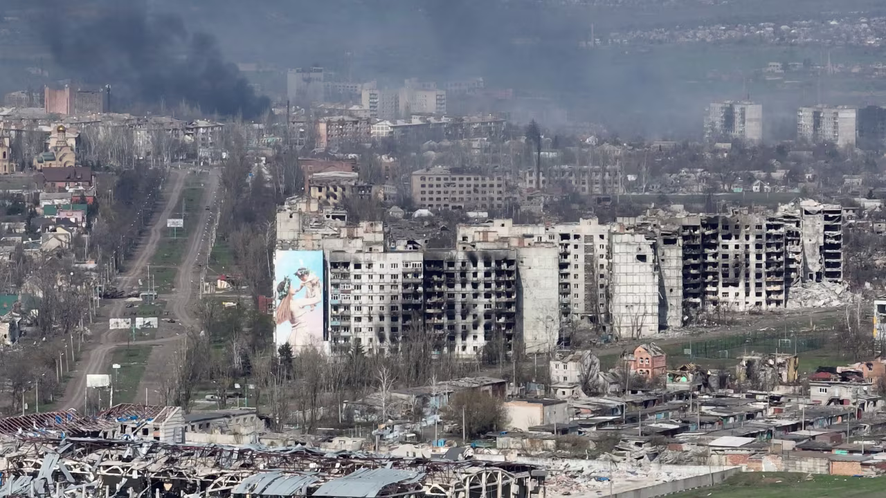 Smoke rises above Bakhmut, Ukraine, in this video released on April 15.