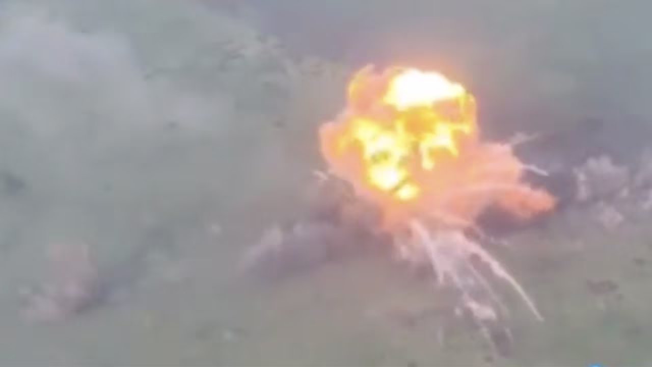 Drone footage shows what the Russia’s Ministry of Defense has claimed is a blast from a remotely-controlled tank packed with a huge amount of explosives.