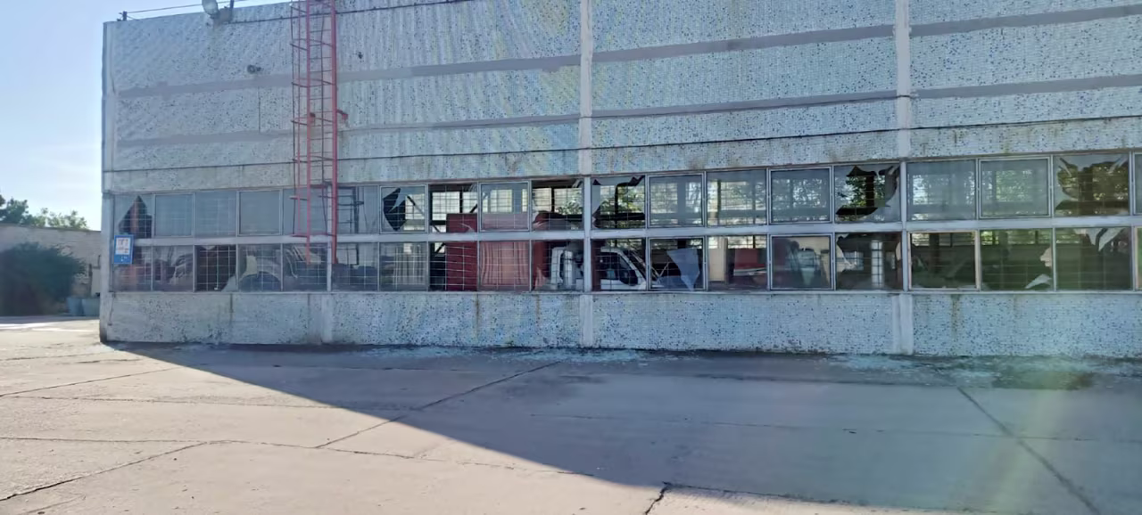 Broken windows are seen in an industrial area building of the South Ukraine nuclear power plant following a Russian rocket strike close to Yuzhnoukrainsk on Monday.