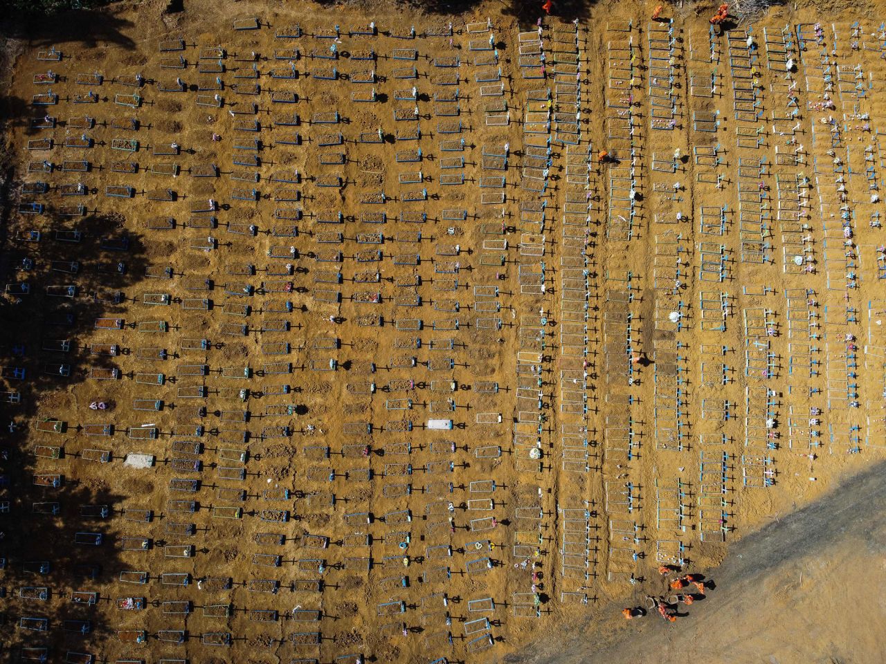 This aerial photo, taken on Tuesday, June 2, shows the Nossa Senhora Aparecida cemetery, where coronavirus victims are buried daily in Manaus, Brazil.