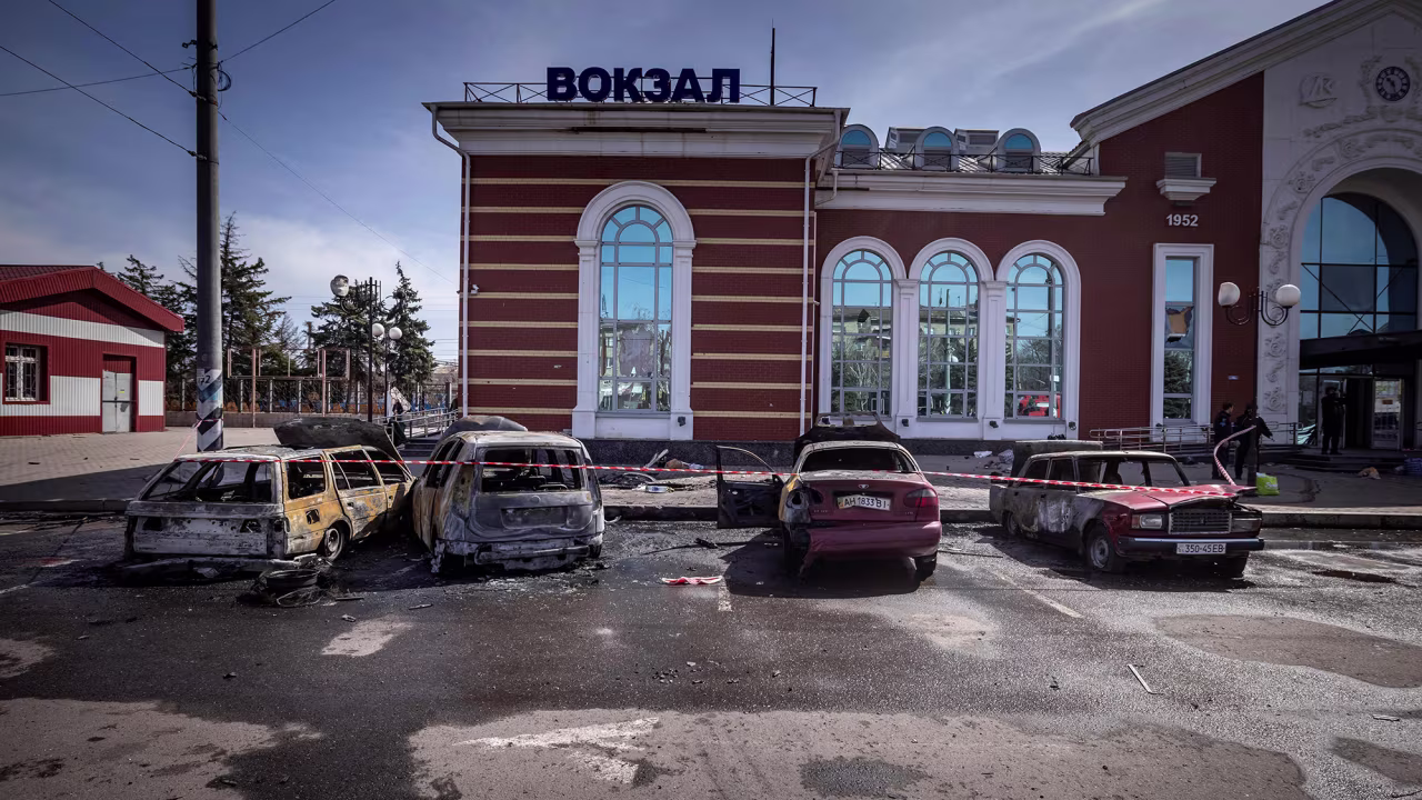 Damaged vehicles are seen outside a train station in Kramatorsk, Ukraine after it was hit by a rocket attack on Friday April 8.
