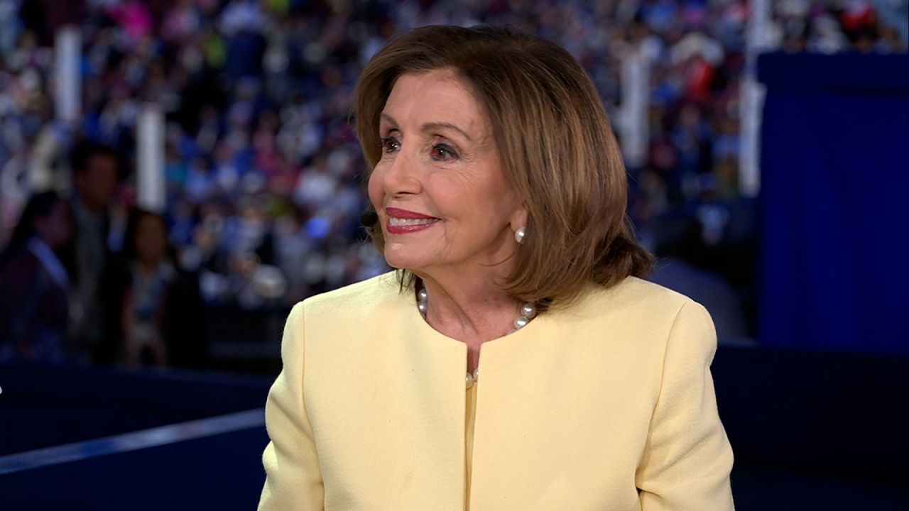 Former House Speaker Nancy Pelosi appears on CNN during the opening night of the DNC on Monday, August 19, in Chicago.