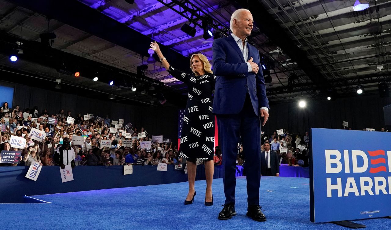 President Joe Biden and first lady Jill Biden leave the stage during a campaign rally in Raleigh, North Carolina, on Friday. 