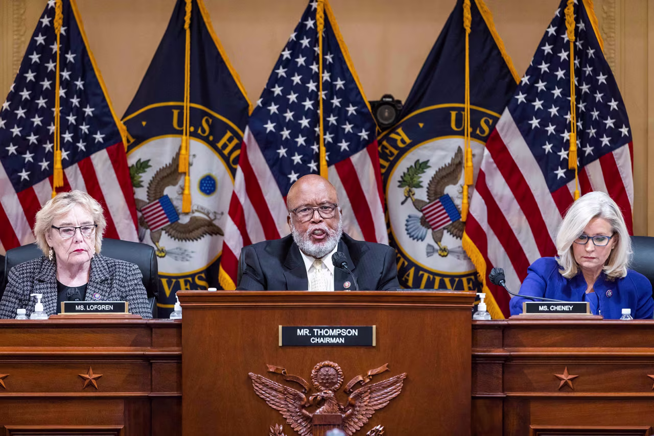 The House select committee, including chair Rep. Bennie Thompson, center, and Rep. Zoe Lofgren and vice chair Rep. Liz Cheney, hold their final meeting on Monday. 