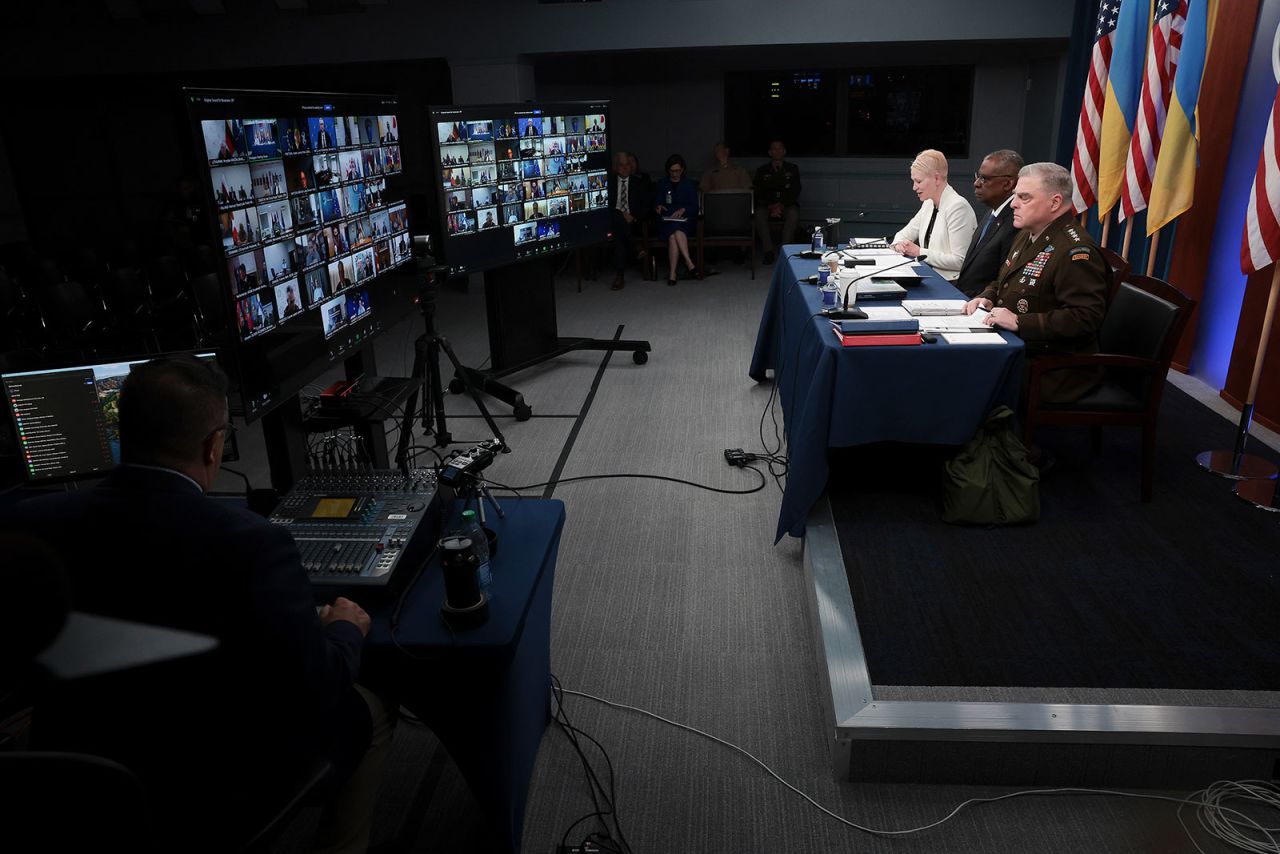 From right, Chairman of the Joint Chiefs of Staff Gen. Mark Milley, US Secretary of Defense Lloyd Austin and Assistant Secretary of Defense Celeste Wallander meet virtually with the Ukraine Defense Contact Group at the Pentagon in Arlington, Virginia, on July 18.