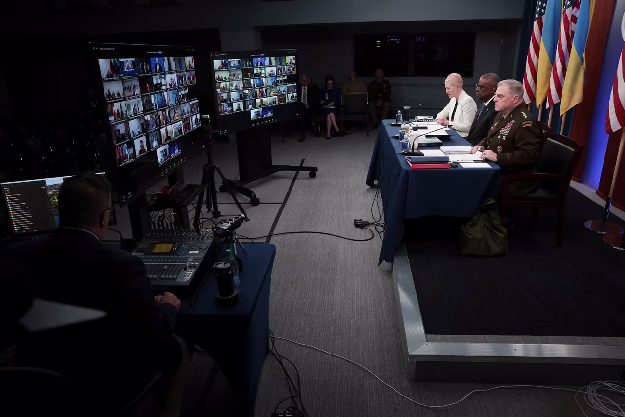 From right, Chairman of the Joint Chiefs of Staff Gen. Mark Milley, US Secretary of Defense Lloyd Austin and Assistant Secretary of Defense Celeste Wallander meet virtually with the Ukraine Defense Contact Group at the Pentagon in Arlington, Virginia, on July 18.